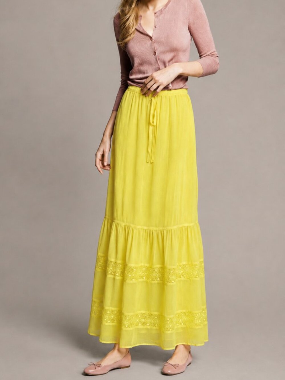 Silk Chiffon Maxi Skirt with Lace (0327)
